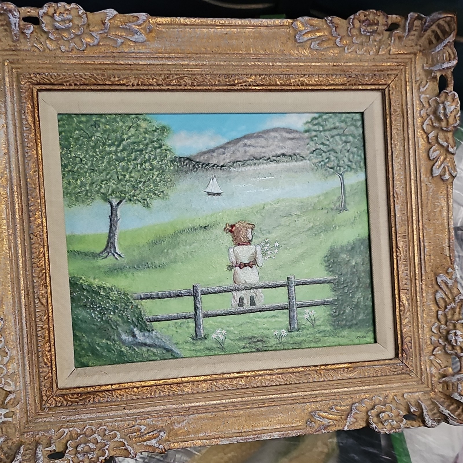 Shaw Signed Original Oil Painting Dog Landscape Sailboat Realism Framed Canvas