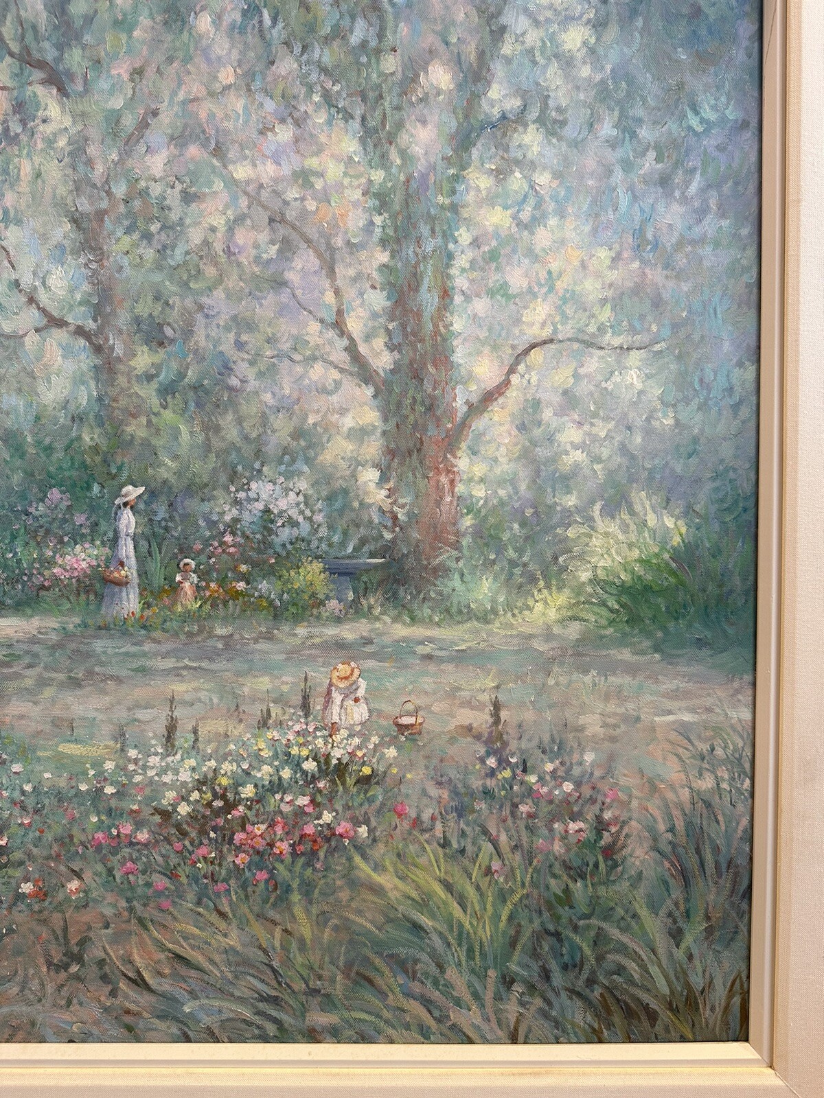 Hyun Bo Yoo «Mother & Child in Flower Garden» Framed Vtg Oil Painting Signed 38″