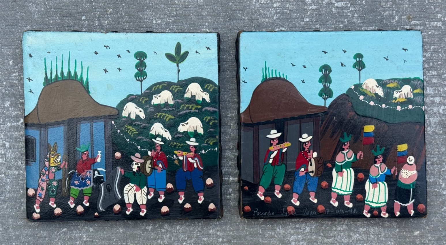 2 ALBERTO RICARDO VEGA ORIGINAL TIGUA PAINTING PERU PERUVIAN FOLK ART ON LEATHER