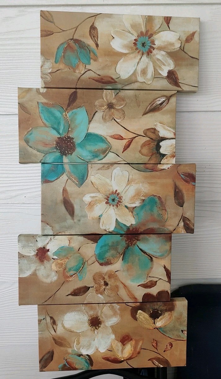 5 Panel Canvas Wall Art Teal/Beige Flowers With Gold Embossing