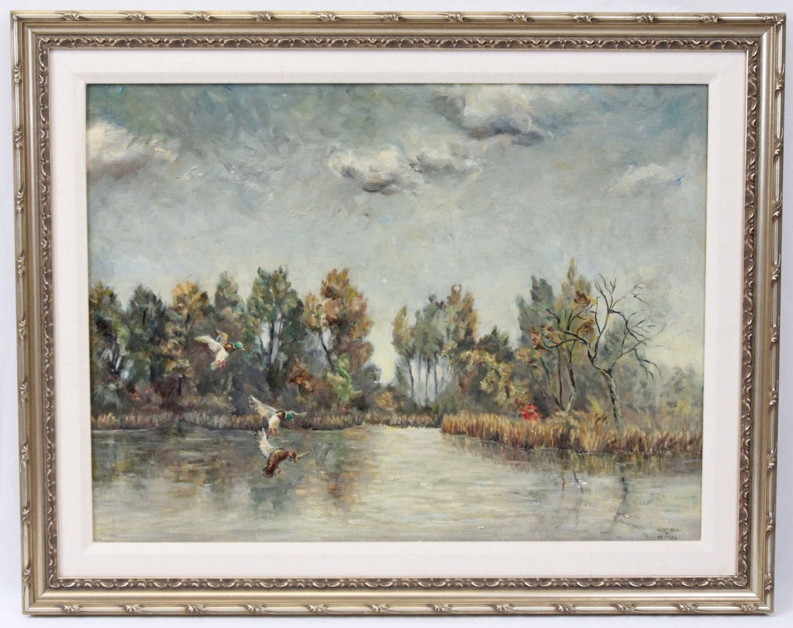 Virginia Heimerl 18×24 Vintage Oil Painting Pond Landscape Mallard Ducks Hunting