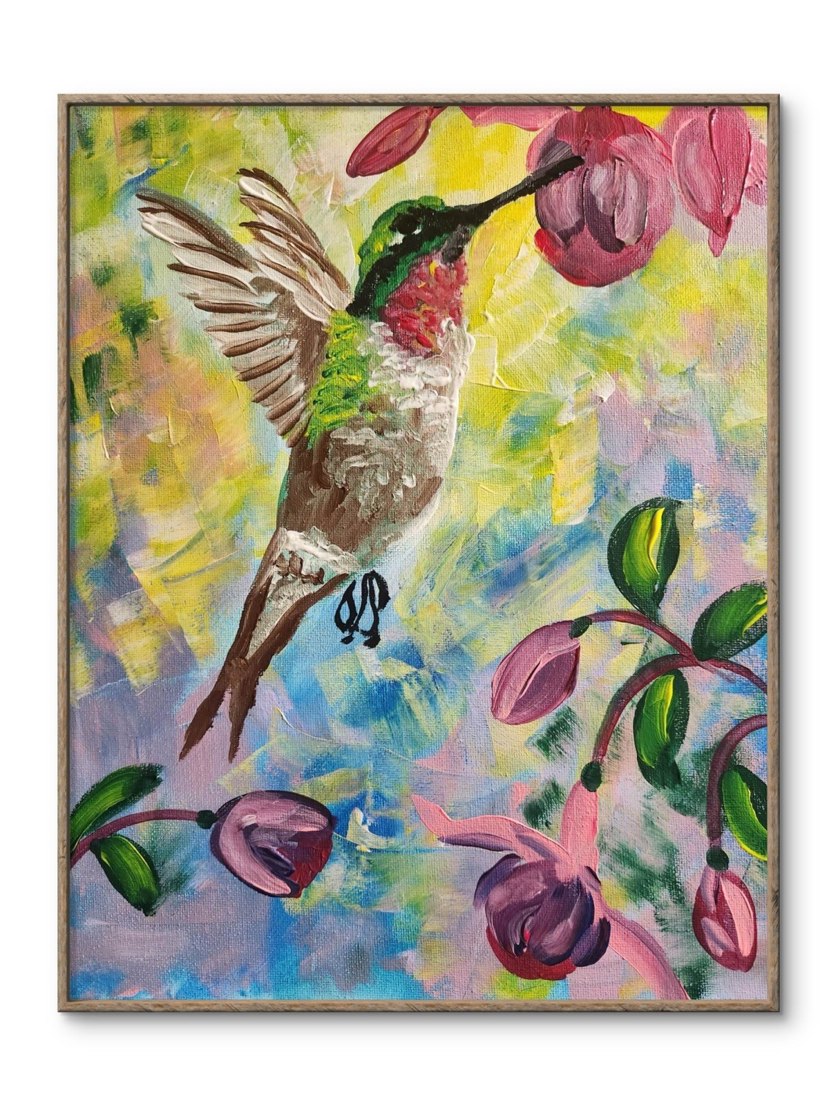 Abstract Flowers Hummingbird Expressionist Wall Art 14X11 Canvas Acrylic