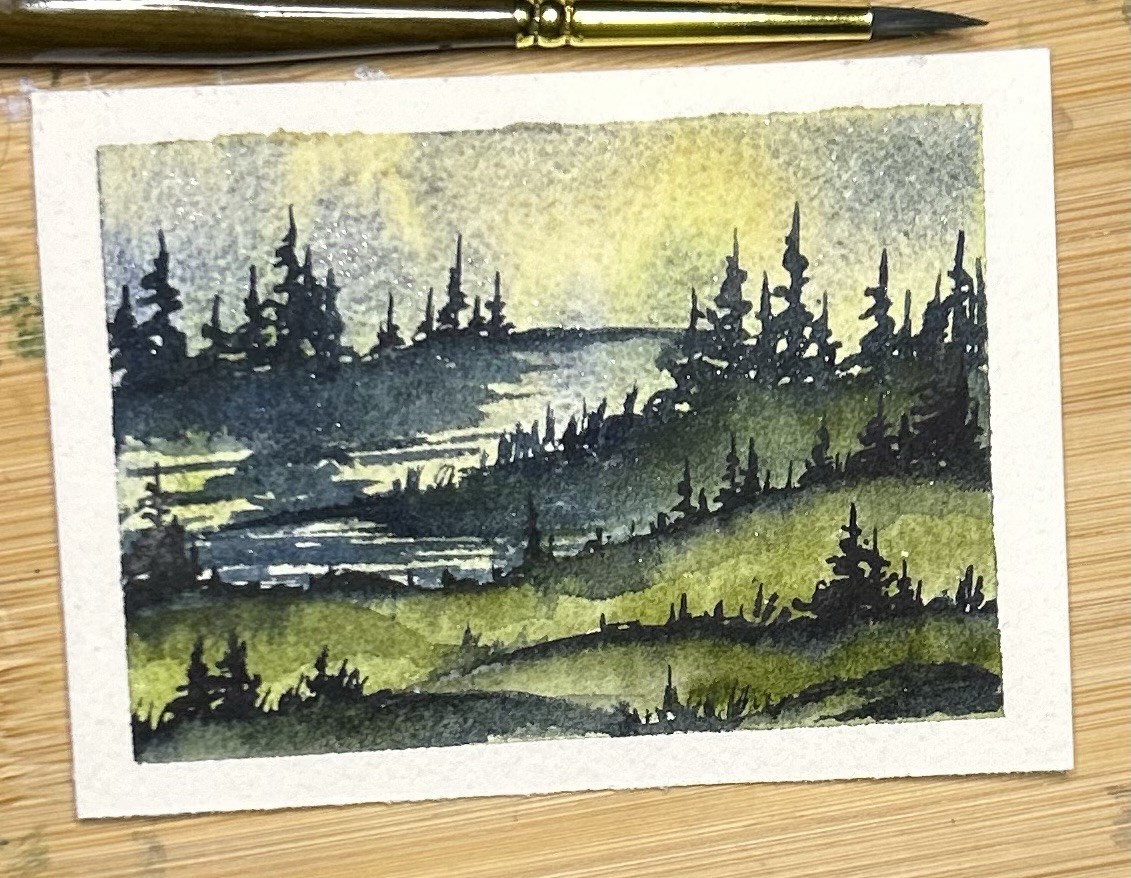 ACEO Morning Foggy Sunrise,Landscape Abstract Watercolor Painting By Sasha Lehto