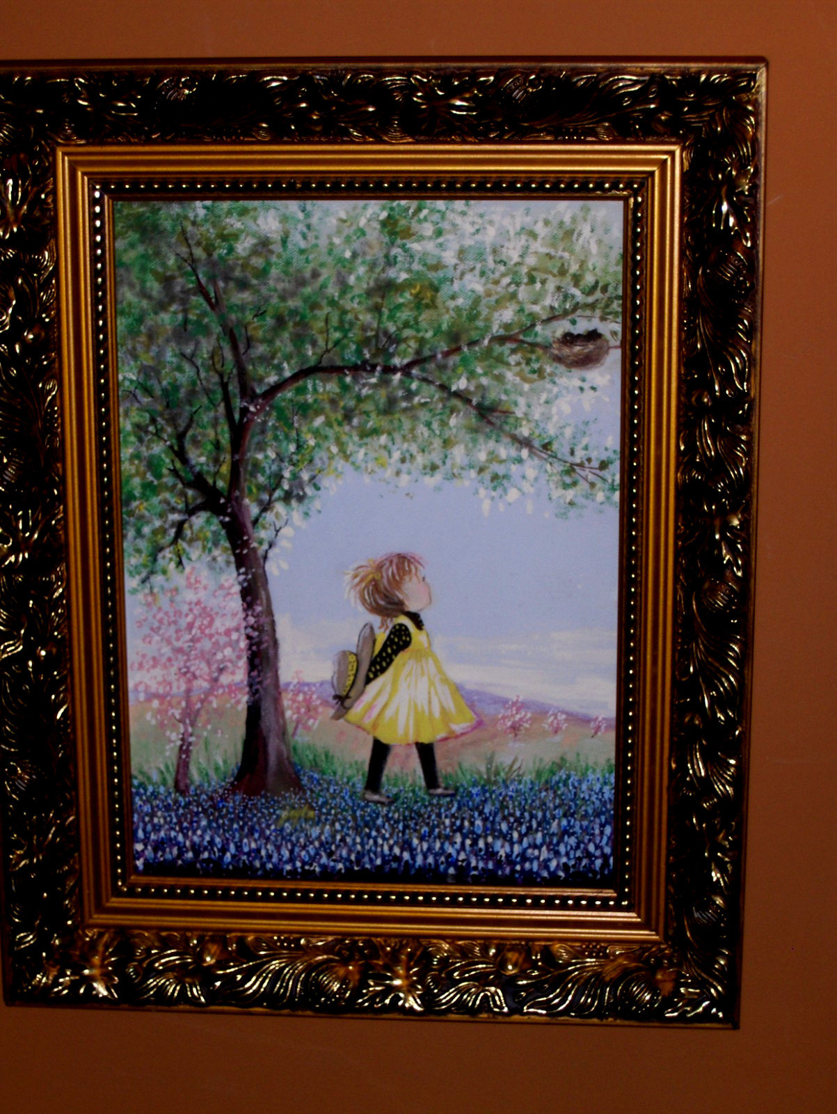 GORGEOUS Original Bluebonnet Landscape Girl Nest Bird Blooming Trees VTG Oil Art
