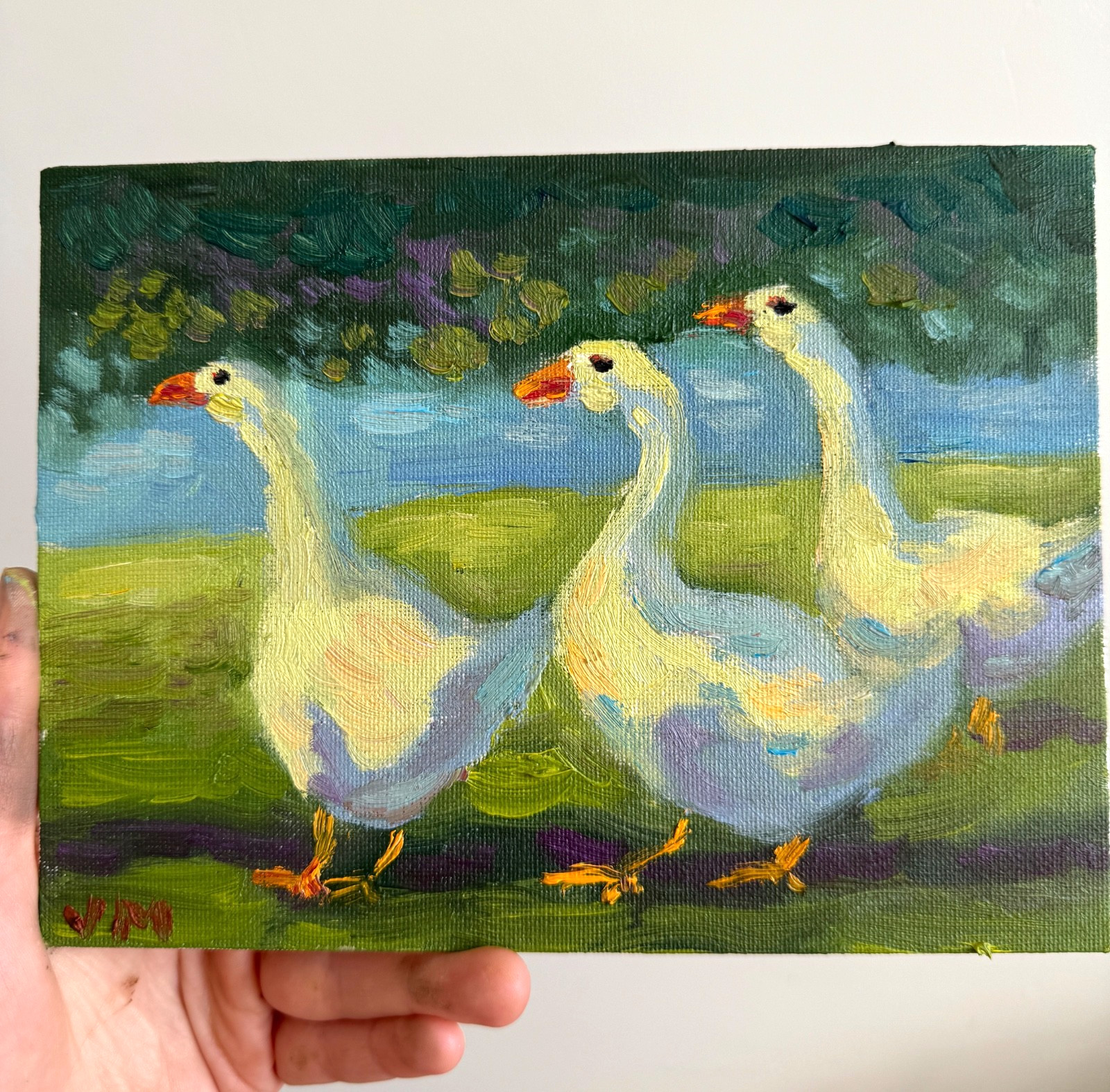 Duck Original Oil Painting Landscape Bird Impressionism Animal Farm Art Signed