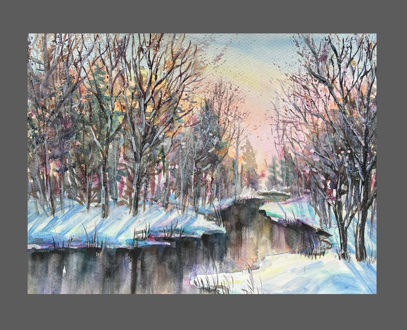 Hand Painted Winter Forest Landscape Watercolor Painting 11×14 Wall Art