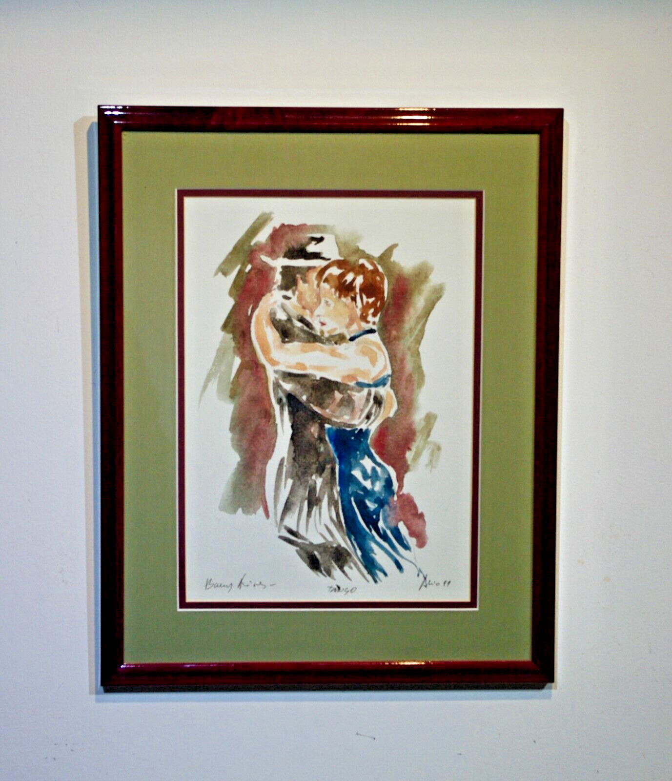original watercolor framed signed Barry King couple dancing tango