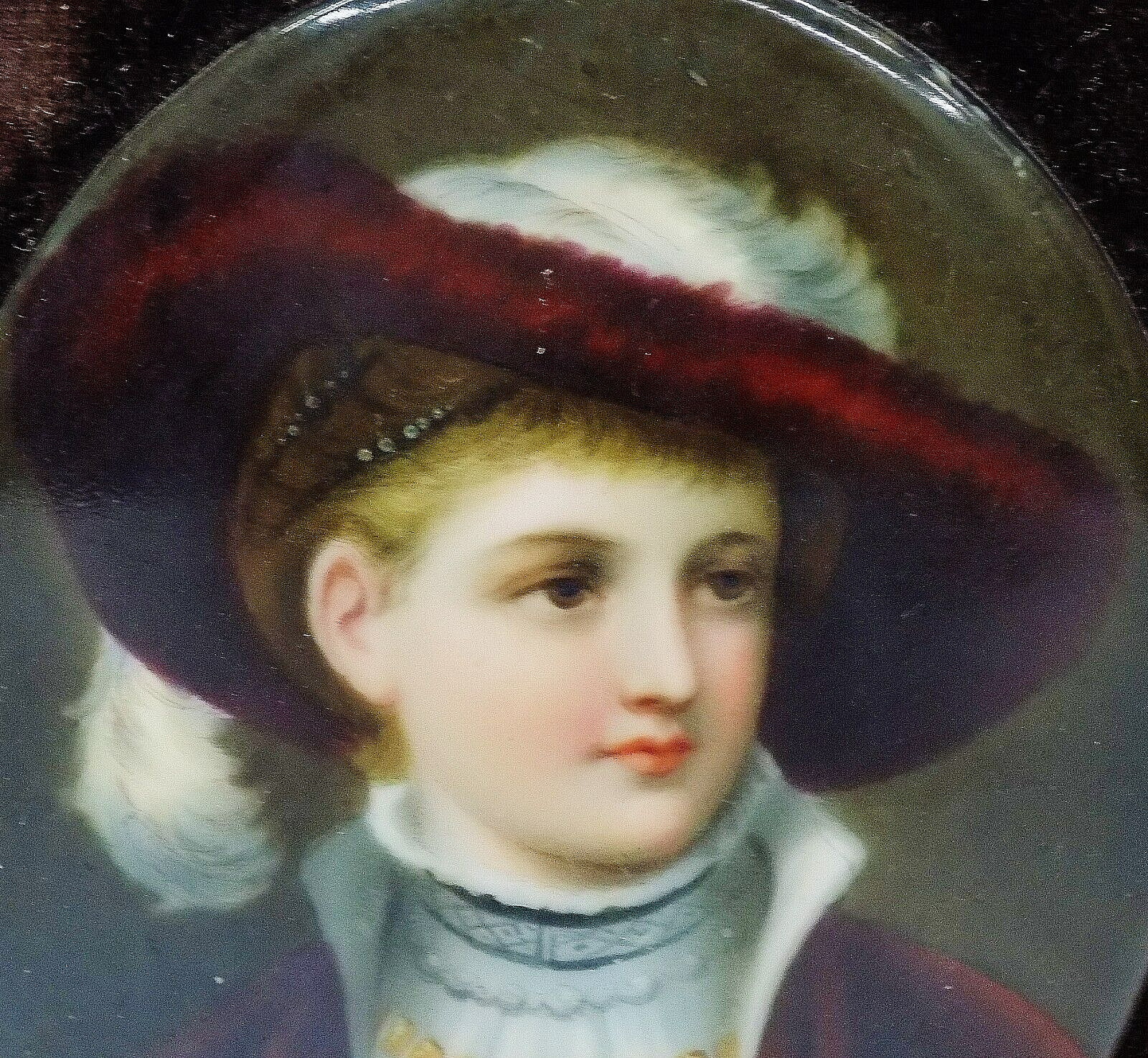 19th C. Continental Porcelain Plaque of Lady with Plume Hat After Josef Kinzel