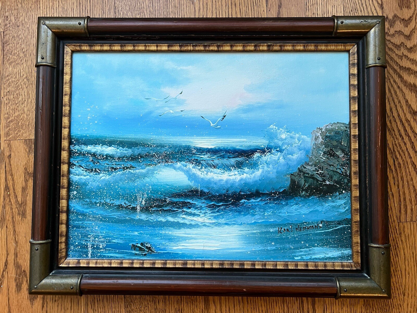 Karl Neumann Crashing Waves Seascape – Oil Painting Signed, Framed COA. 15.5×20