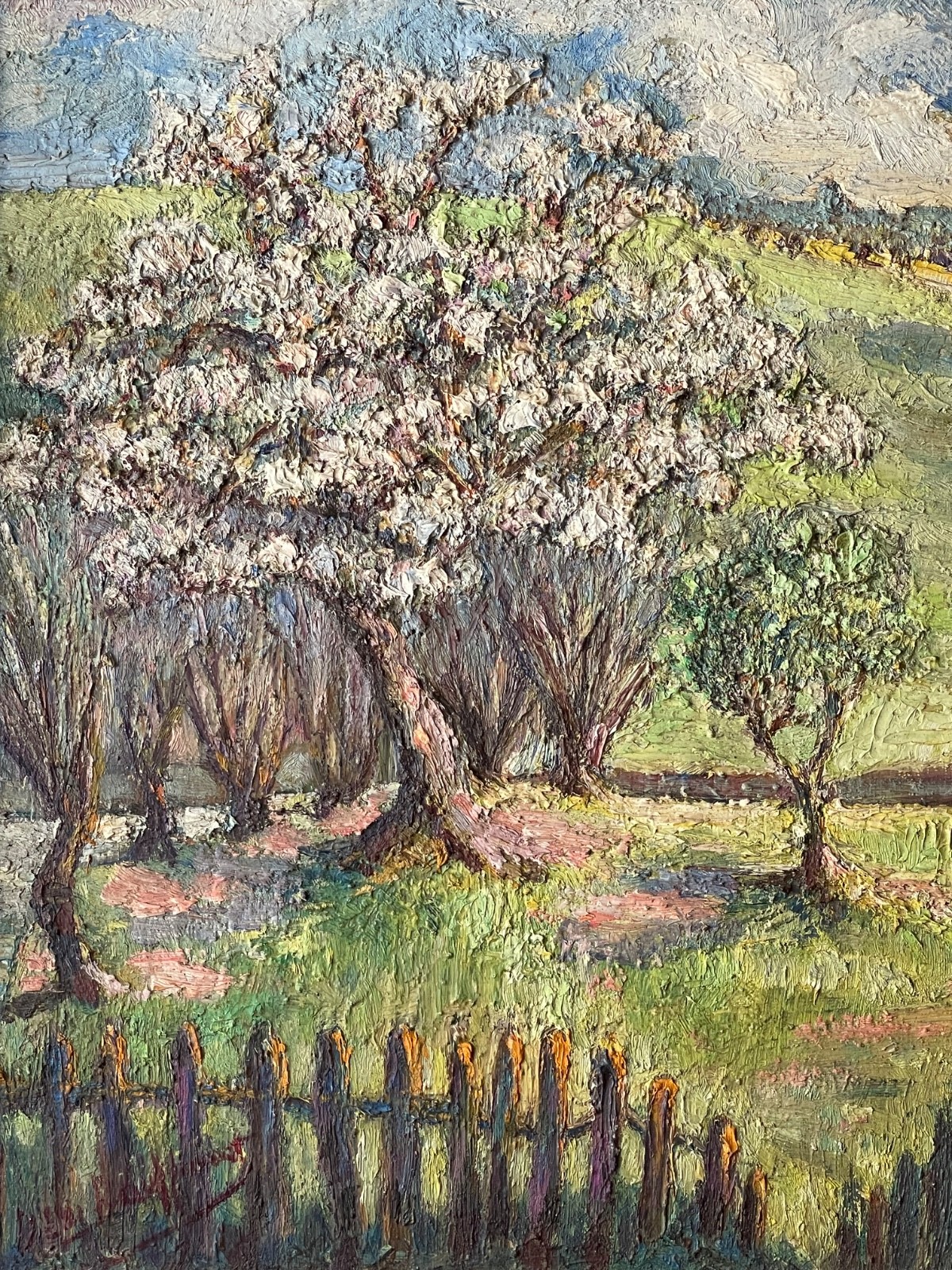 Antique Impressionist Oil Painting Panel Manner Pissarro Countryside in Spring