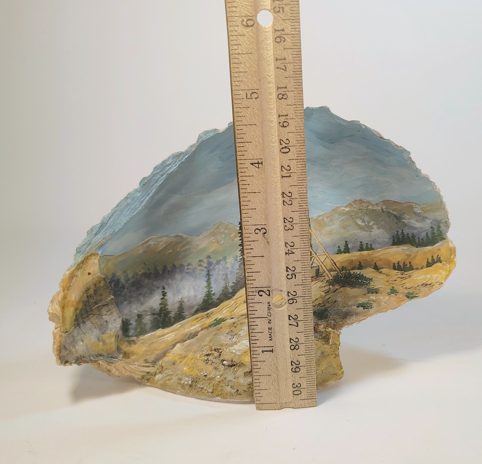 Vtg Miniature Painting of a Mill Mountains inside Fossilized Oyster Shell Signed