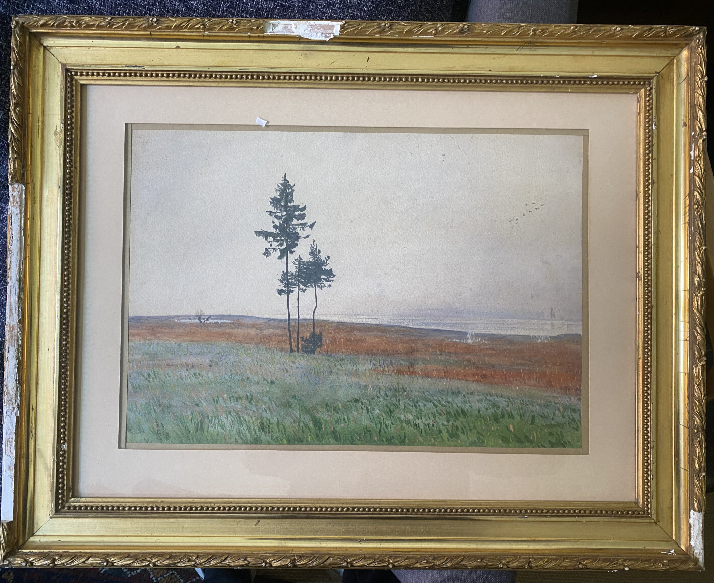 ::WATERCOLOUR ° TREE FIR IN THE HEATH ° AROUND 1900 COAST FRAME NATURE ERIKA HEATH SEA