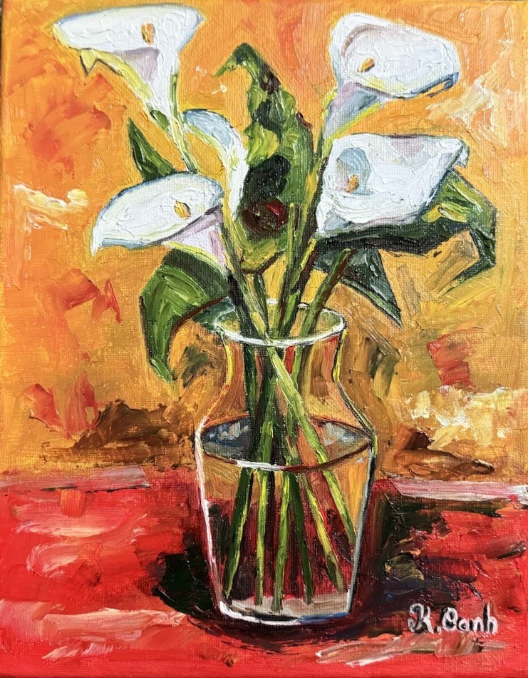 ORIGINAL OIL PAINTING STILL LIFE VIBRANT PEACE LILY FLOWER VASE SIGNED 8×10