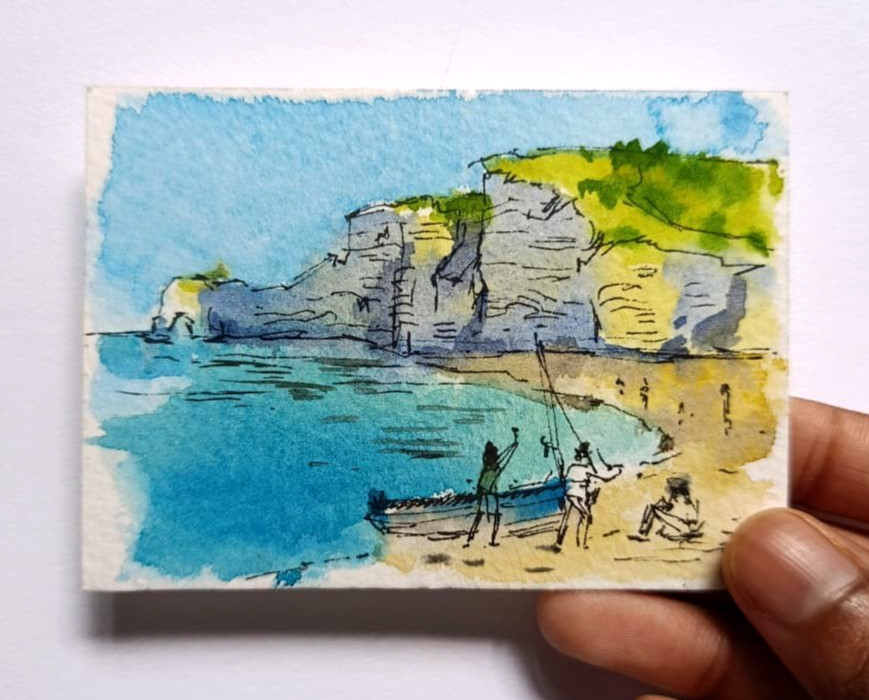 Original ACEO Watercolor Painting OOAK Beach Cliff Boat Seascape Miniature Art