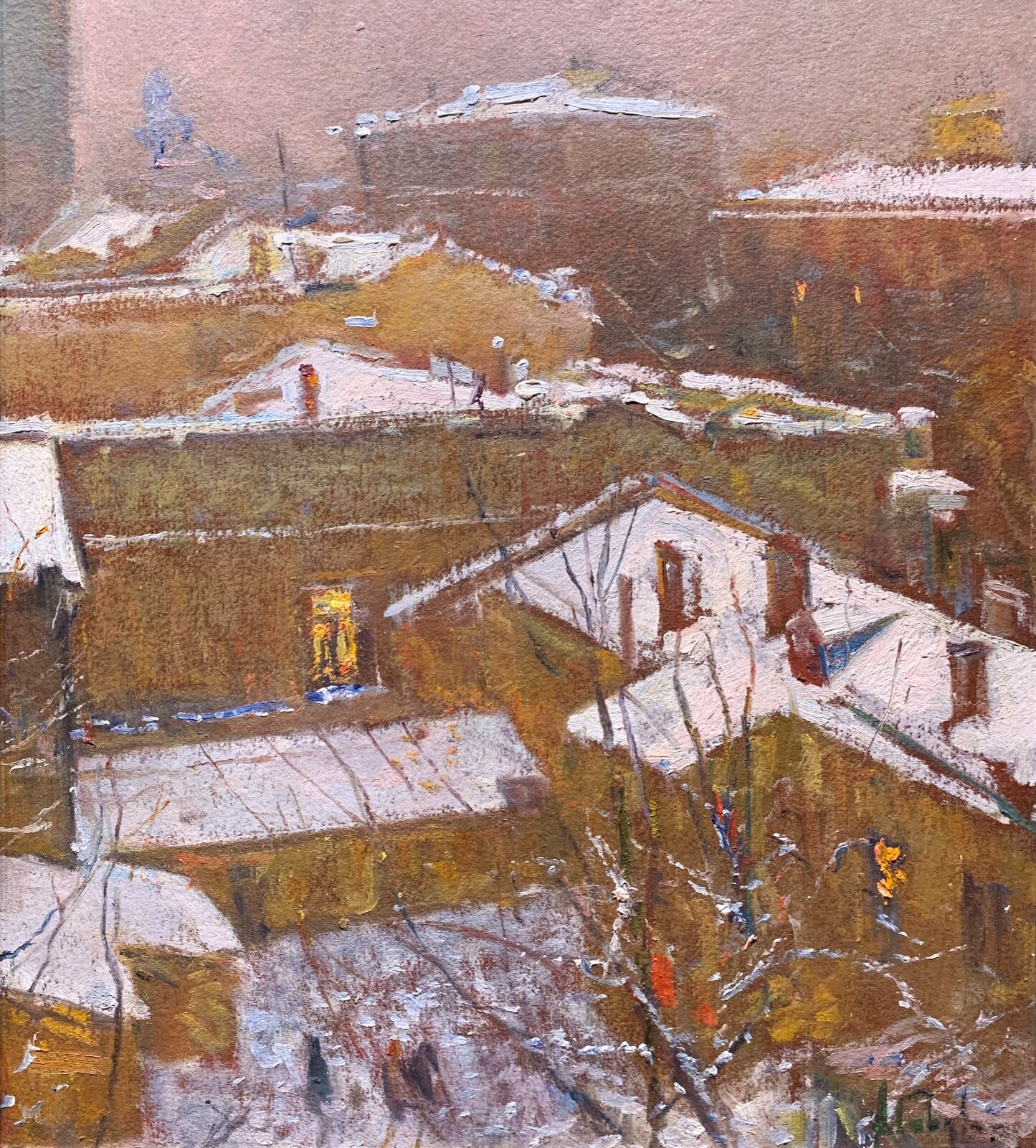 ALBIN GAVDZINSKY «Winter Evening» Original Painting, Oil on Board, Framed, COA
