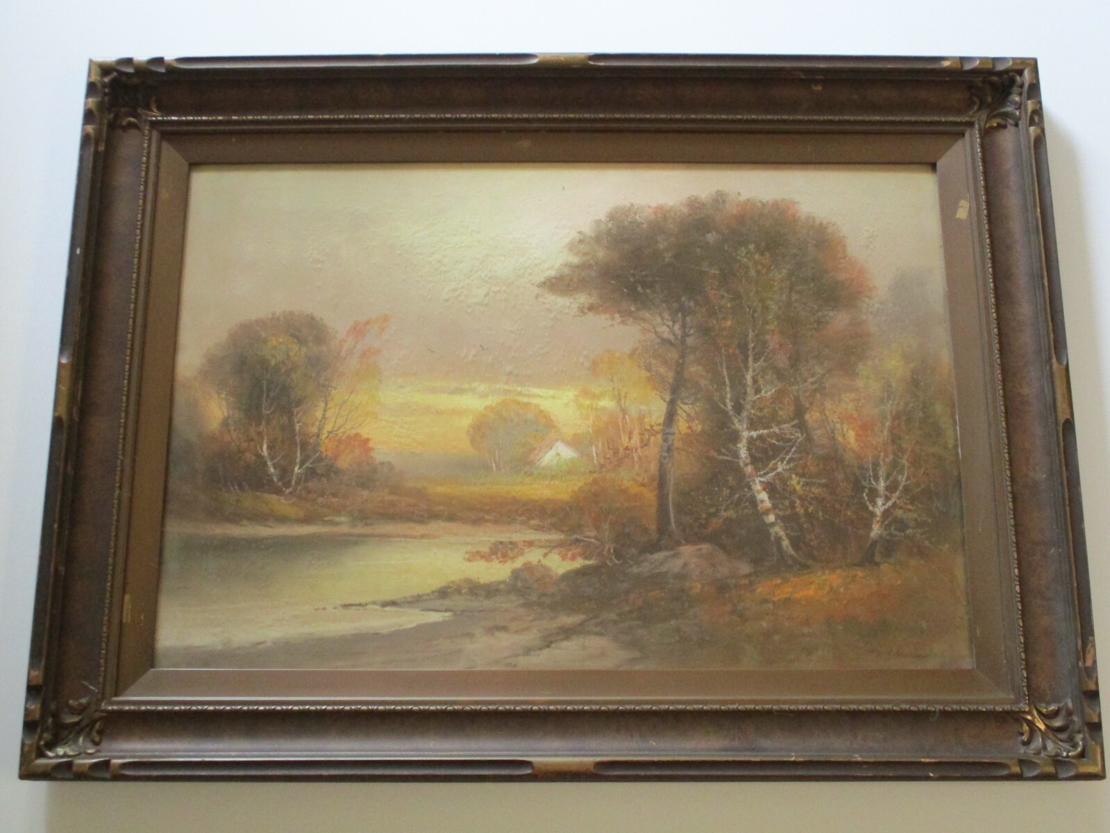 ANTIQUE WOOD CARVED FRAME ART DECO ERA DRAWING SUNSET William Chandler NY Listed