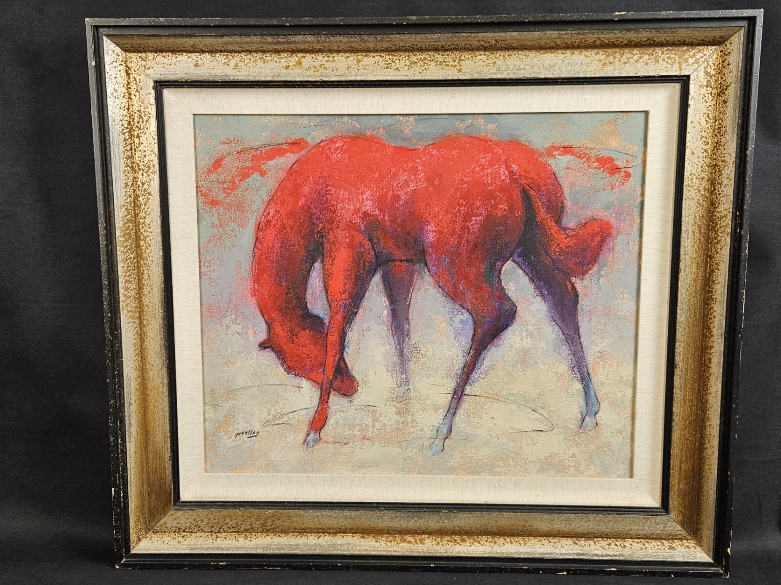 Oil Painting «Red Horse» By Artist Huallpa 1979 Framed 28 x 32 Beautiful Art
