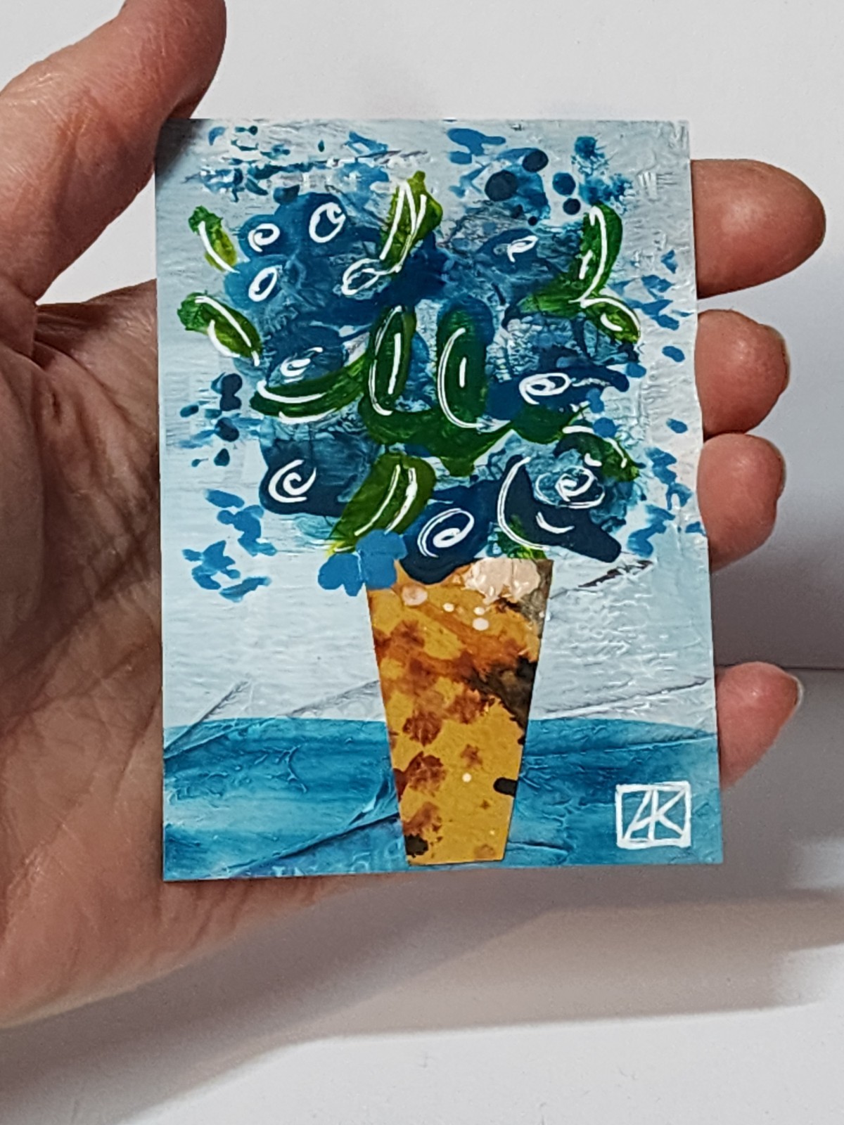 ACEO Original Painting Blue Flowers 3.5 x 2.5 Inch AMBER K – Mothers Day
