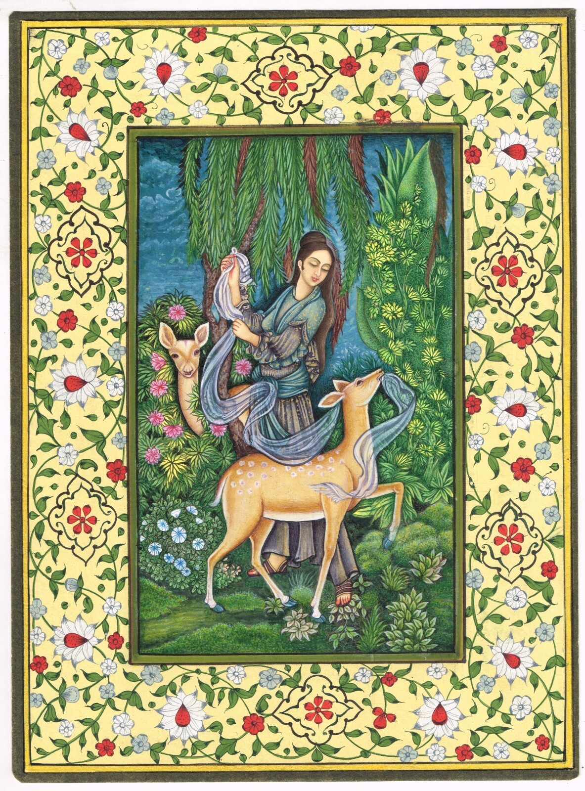 Persian Painting – A Woman With Deer Handmade Gouache On Paper 8.5×11.5 Inches
