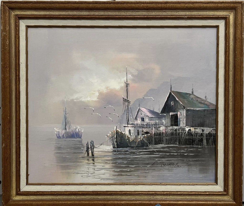 Marine Landscape Oil on Canvas Painting with Boats at a Dock By L. Thomas