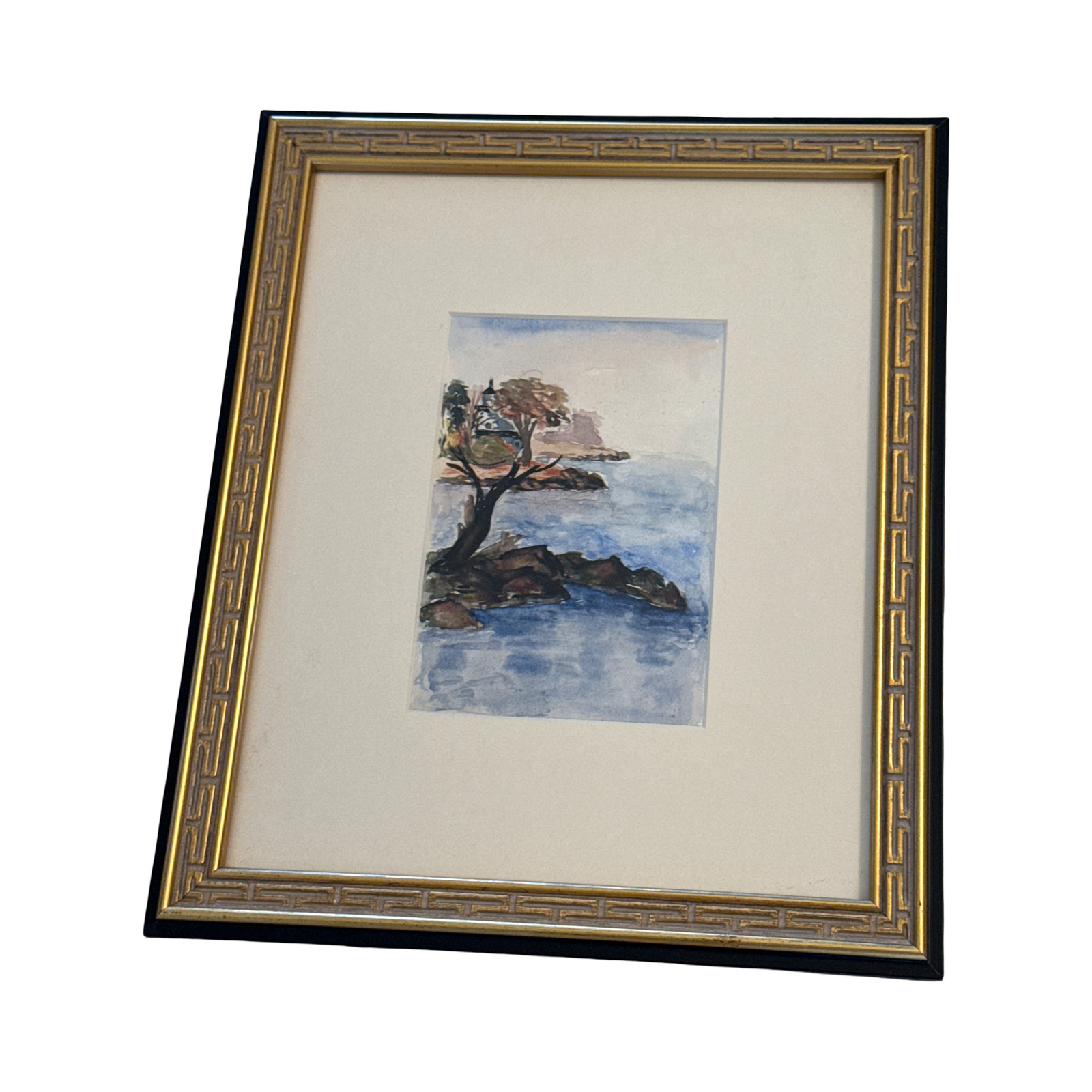 Original Coastal Watercolor in Greek Key Frame • Custom Tru Vue UV Glass