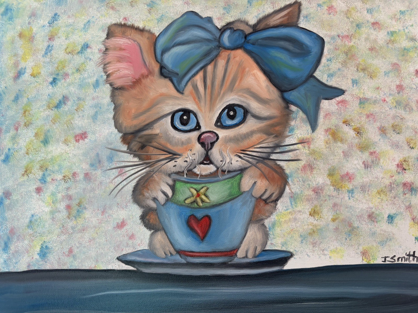 Original oil painting 11 x 14 inches cute and sweet cat kitten with coffee cup