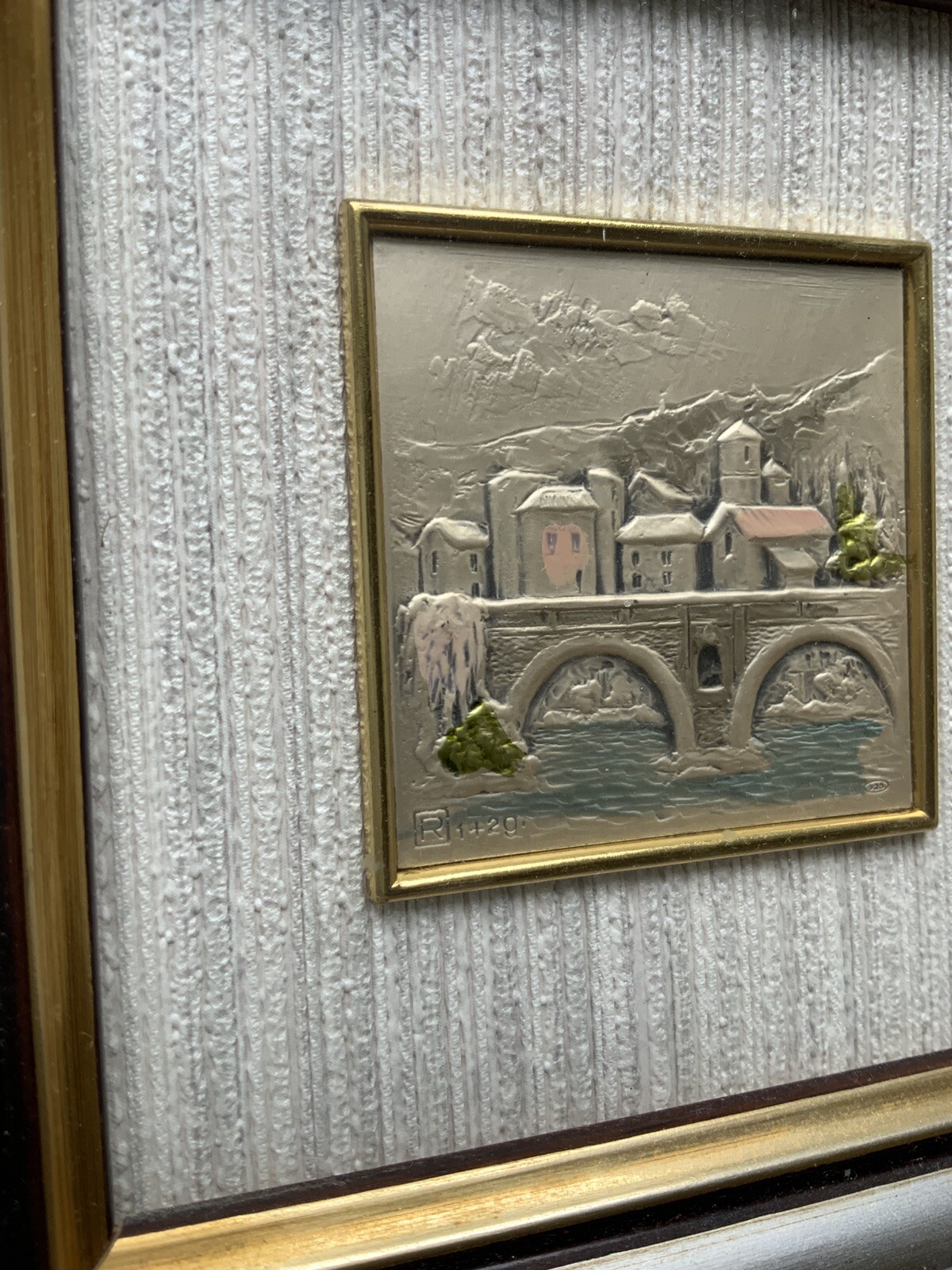Vtg Embossed Sterling Silver Painted Hand Made Italy City Bridge Scene 4.5”x 4.5