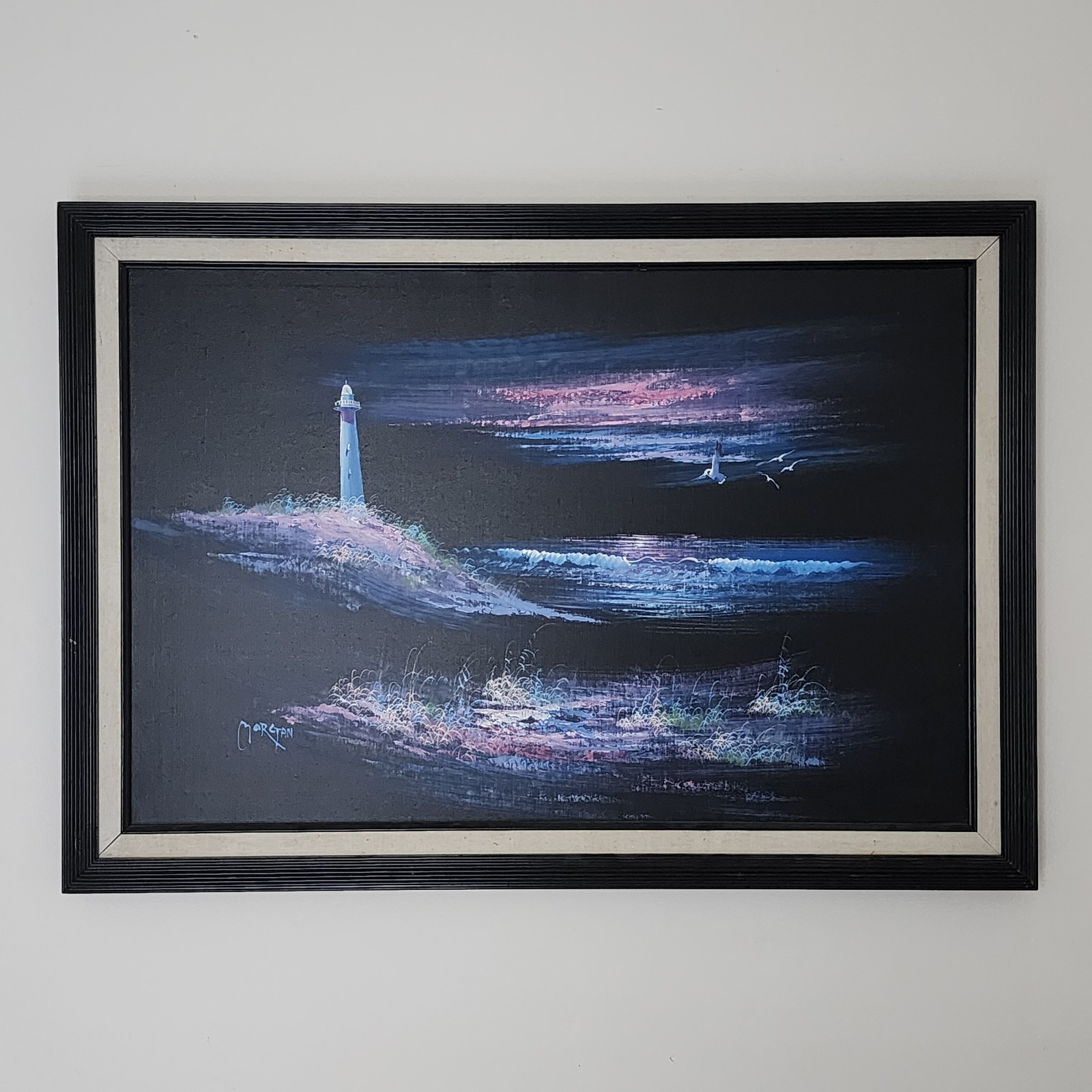 Morgan Vintage Original Oil Painting Lighthouse Moonlit Seascape Framed 41×29