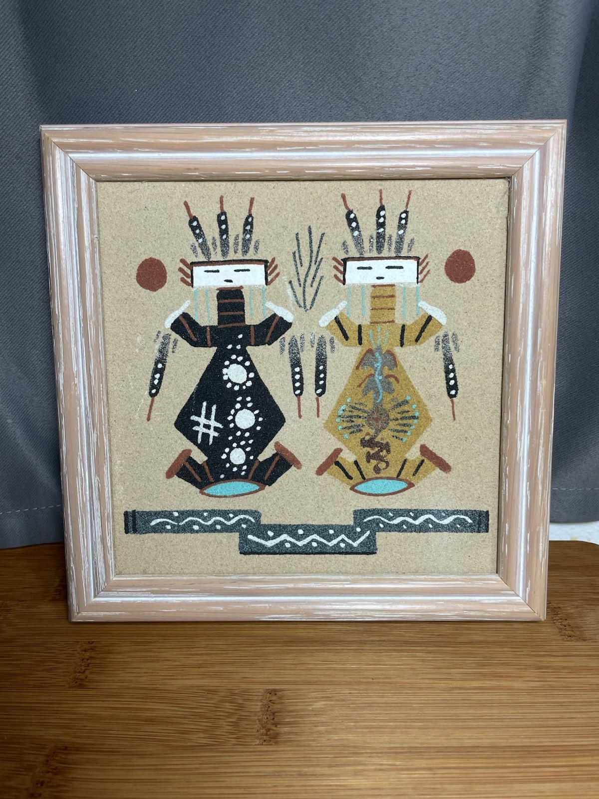 VTG Yazzie Framed Signed Navajo Sand Painting «Father Sky Mother Earth» 7×7