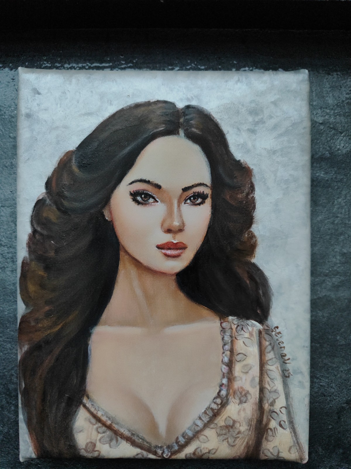 ​Original Oil Painting Female Portrait Pearl Background Hand Painted Stretched