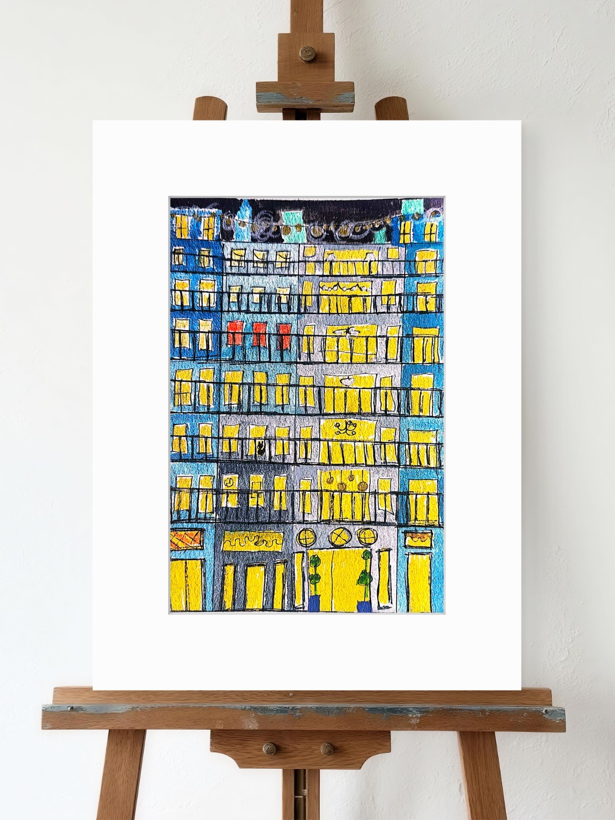 Apartment Building Nocturne Original Expressionism Watercolor Paper 5×7 Signed
