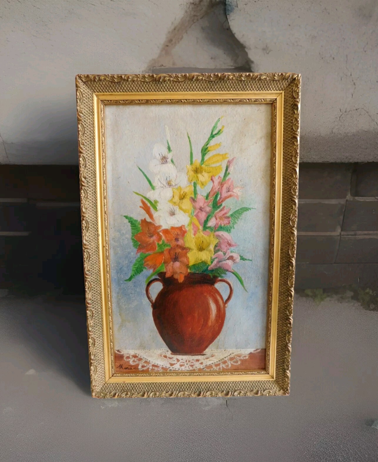 Marhnem (20th) Oil On Hardboard » Still Life Aux Lys » Frame Wood Golden