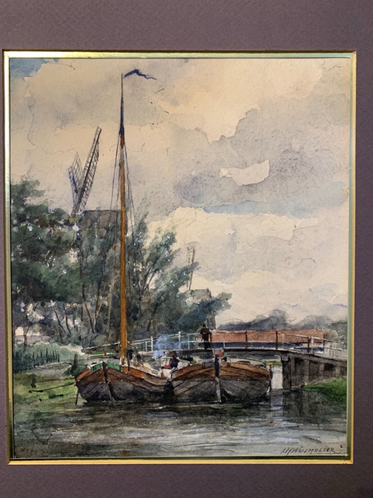 Jan Hillebrand Wijsmuller Dutch Watercolor a little bridge in Amsterdam 1883