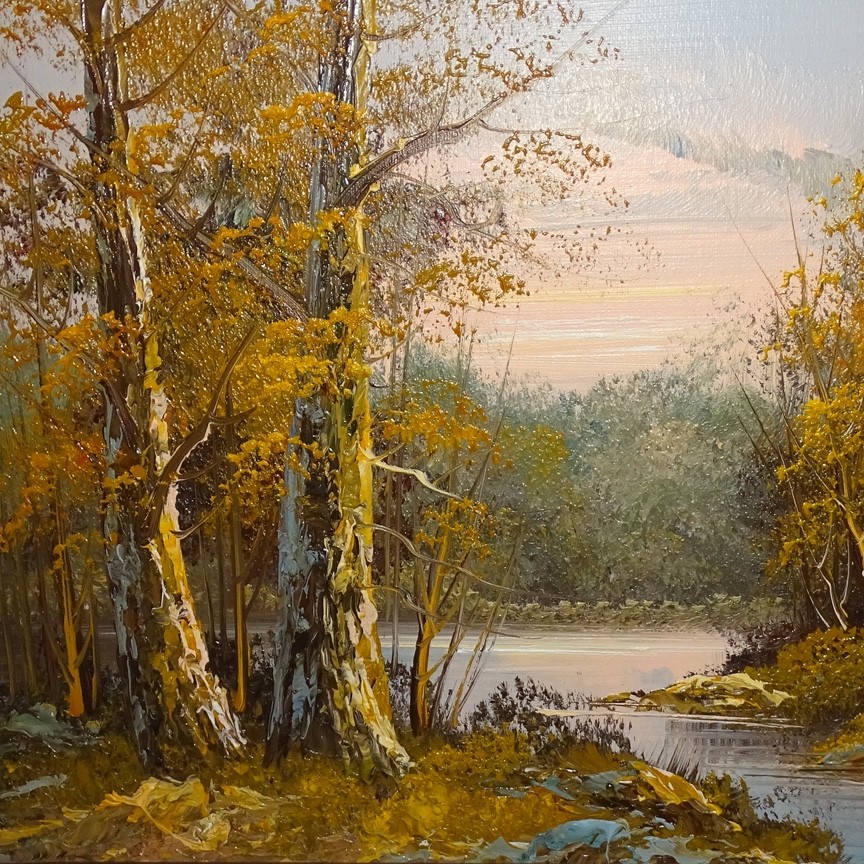 1980s Autumn Landscape Oil Painting Fall Foliage Trees Stream Sunset 22×17.75