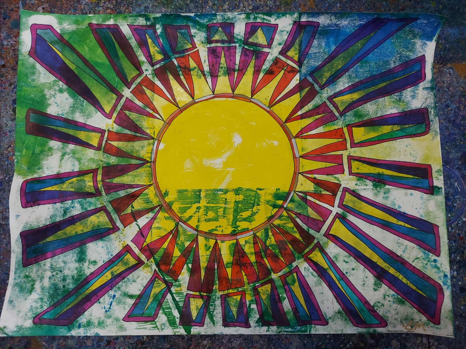 Abstract Spring Sun For Sale By Artist. Primary colors, acrylic paint on paper.