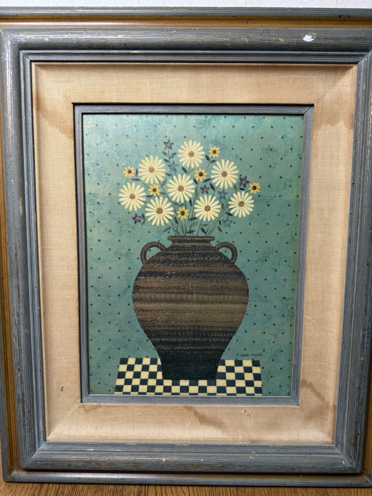 Charles Wysocki Daisy Floral Folk Art Lithograph in Vintage Frame