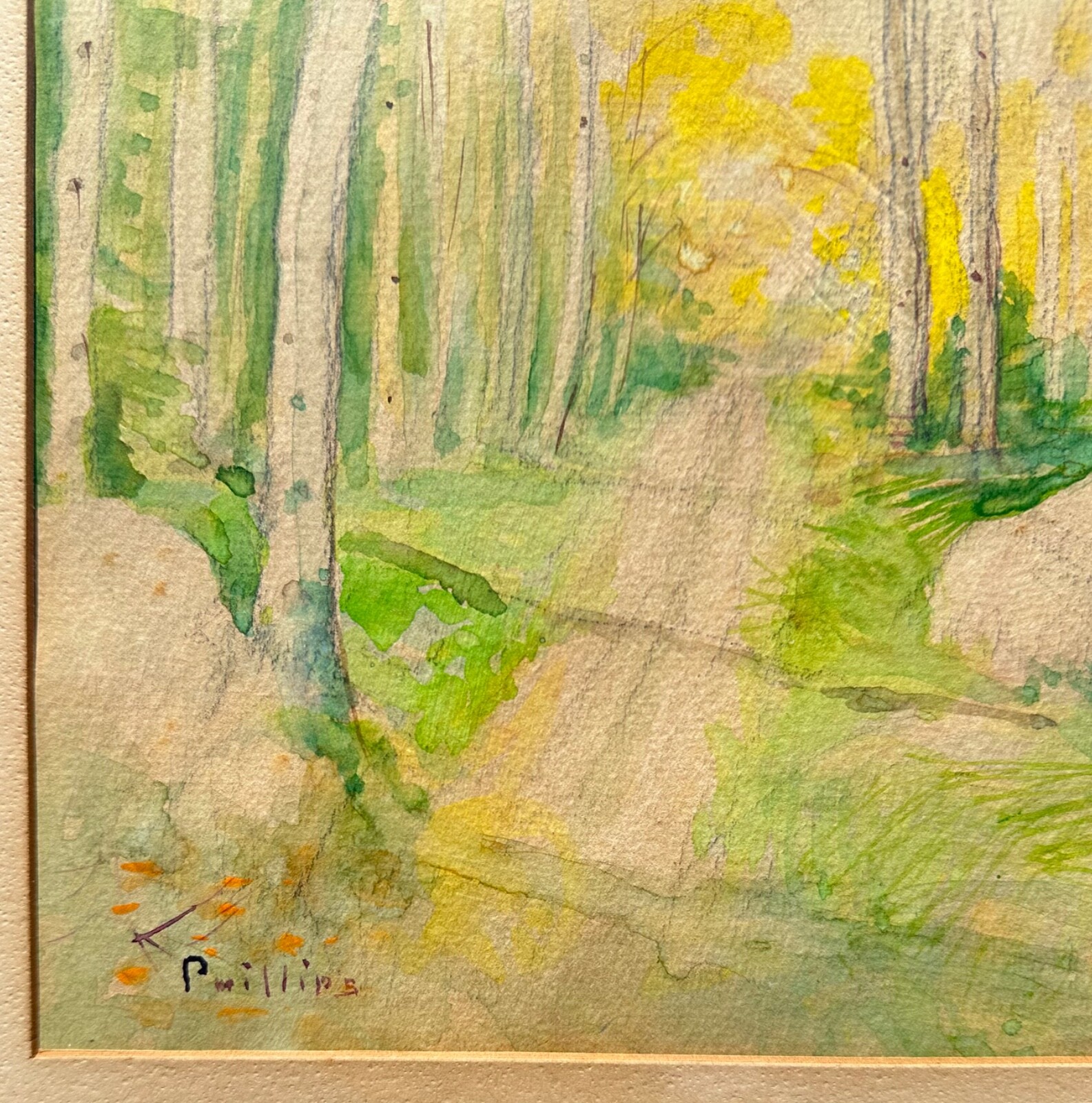 Bert G. Phillips (1868–1956) Watercolor Aspen Forest Path Scene Painting