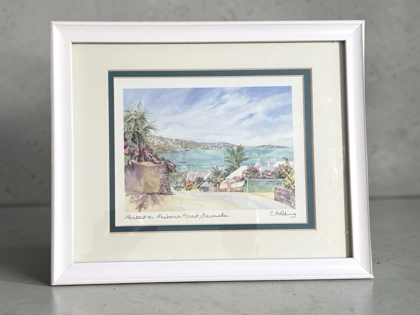 Carole Holding Watercolor “ Houses on Harbour Road, Bermuda” Framed Signed Art