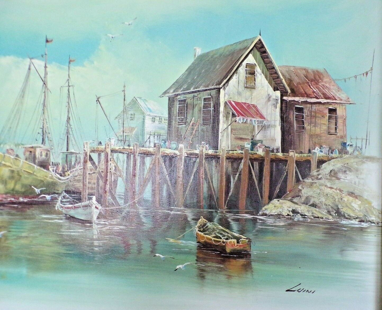 Original Hand Painted Framed Oil Painting Of N.E. Fishing Harbor By John Luini