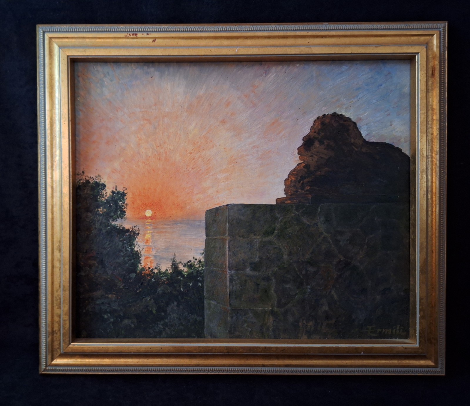 Vintage Sunset on the Mediterranean Sea Mallorca Spain 22″ Signed