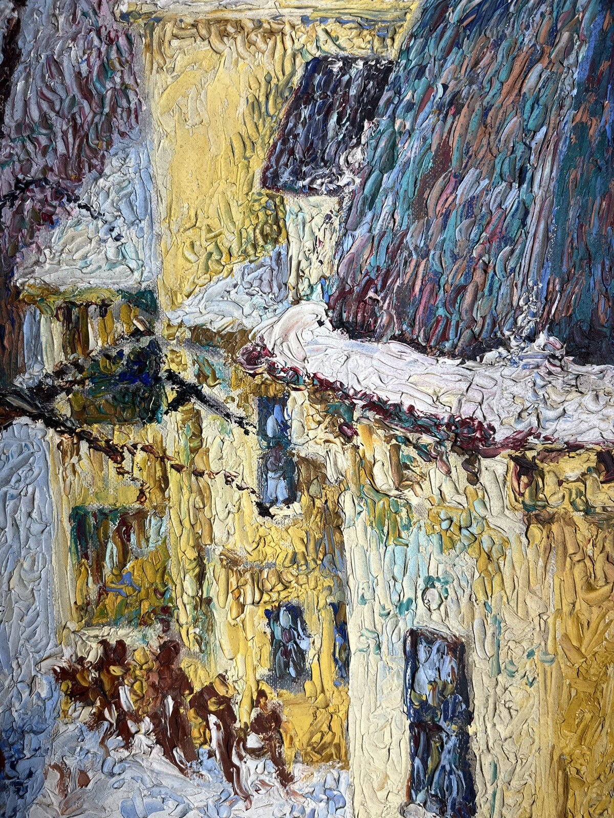 ORIGINAL TEXTURED AMERICAN TOWN ANTIQUE WINTER SNOW VINTAGE LANDSCAPE PAINTING