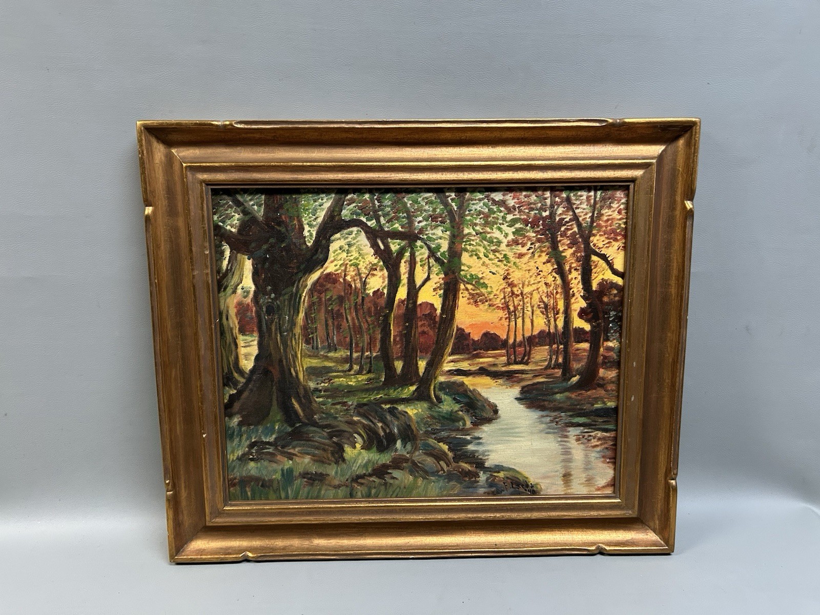 Landscape Flowing Stream Oil Painting on Canvas Signed E. Leeds 1940