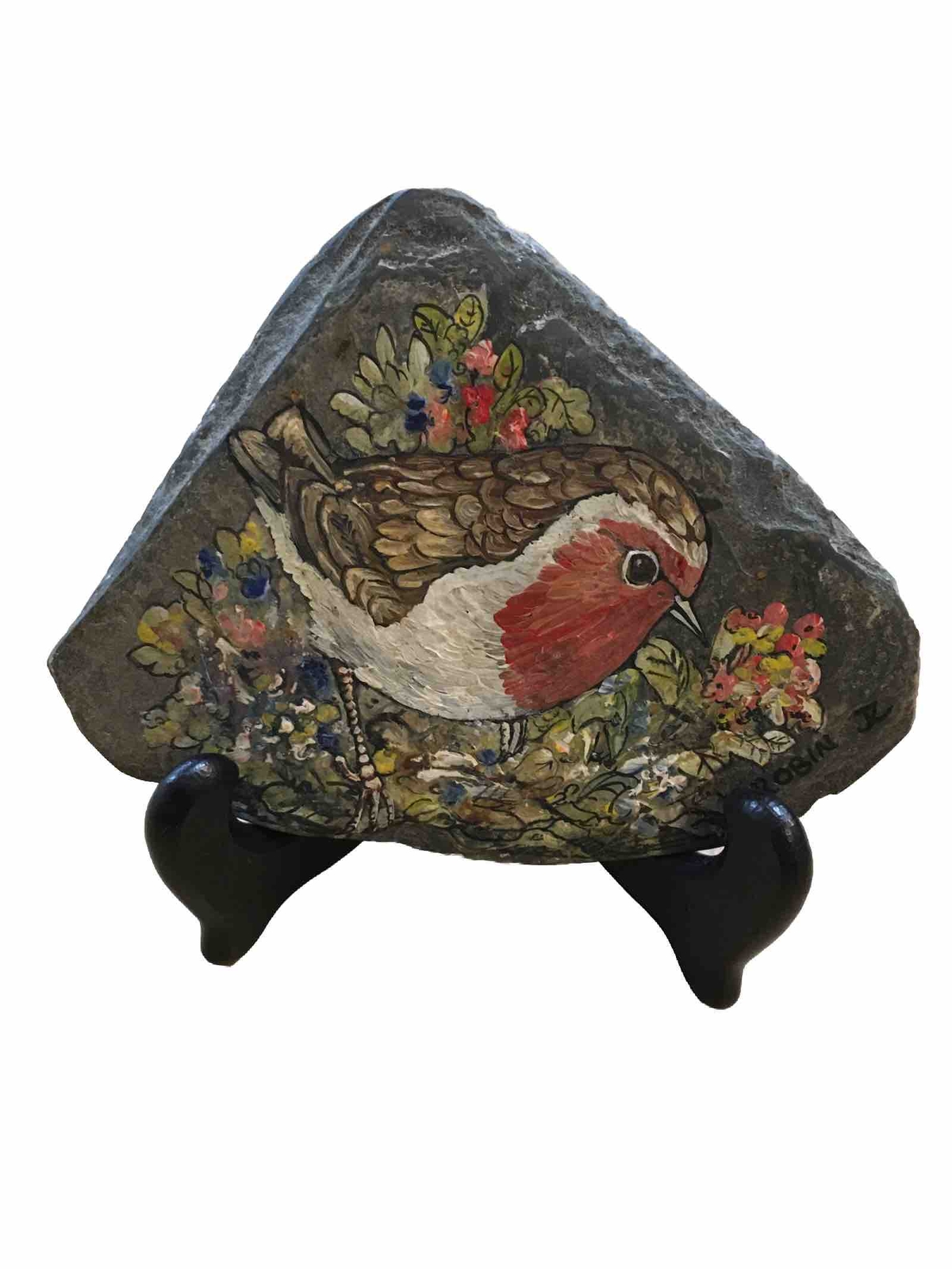 Hand Painted Robin Bird On Slate 5.5” X 4” Signed Juliet Reed W/ plate stand