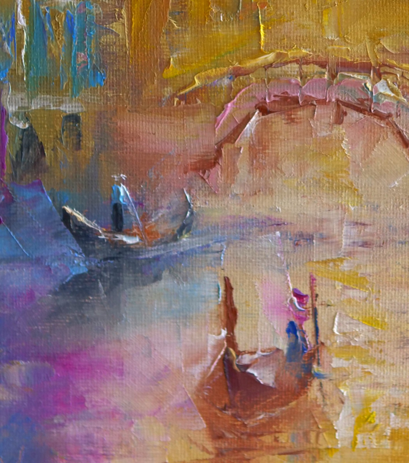 Venice Canal Sunrise Oil Painting Impasto 8×12″ Gondolas Palette Knife Original