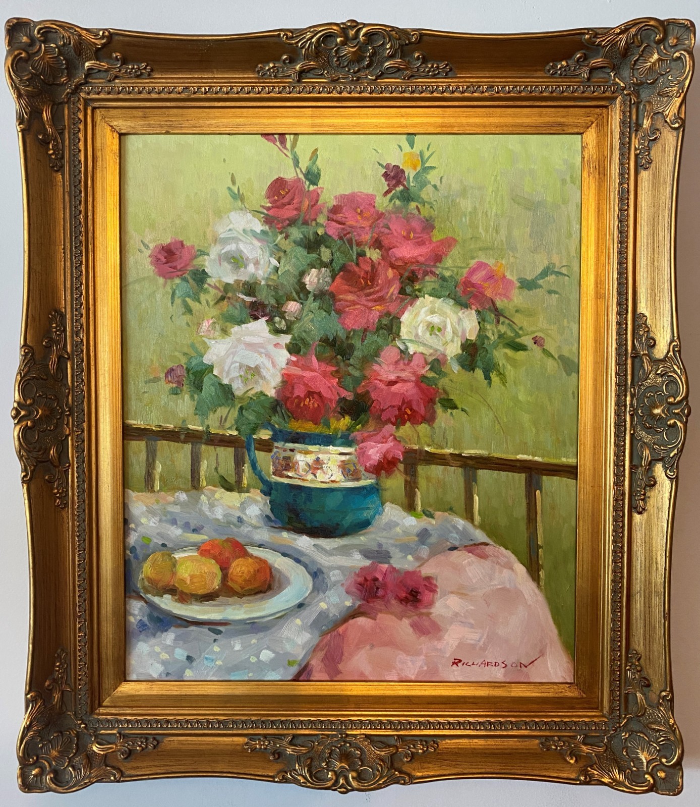 Large Original Oil Painting – Floral Still Life Composition – Ornate Gold Frame