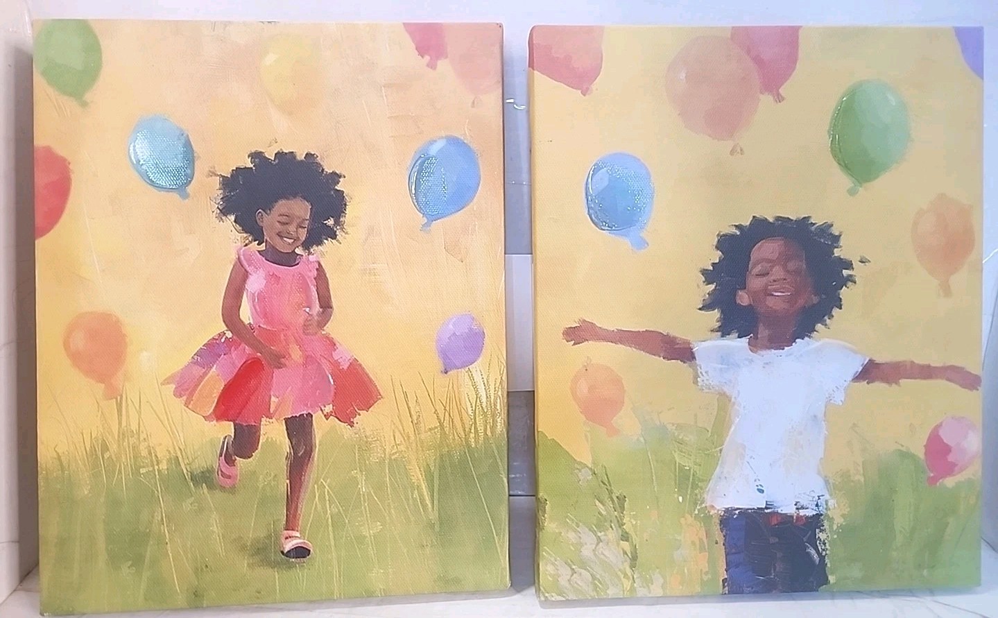 African American Girl With Balloons Canvas Painting Set Of 2