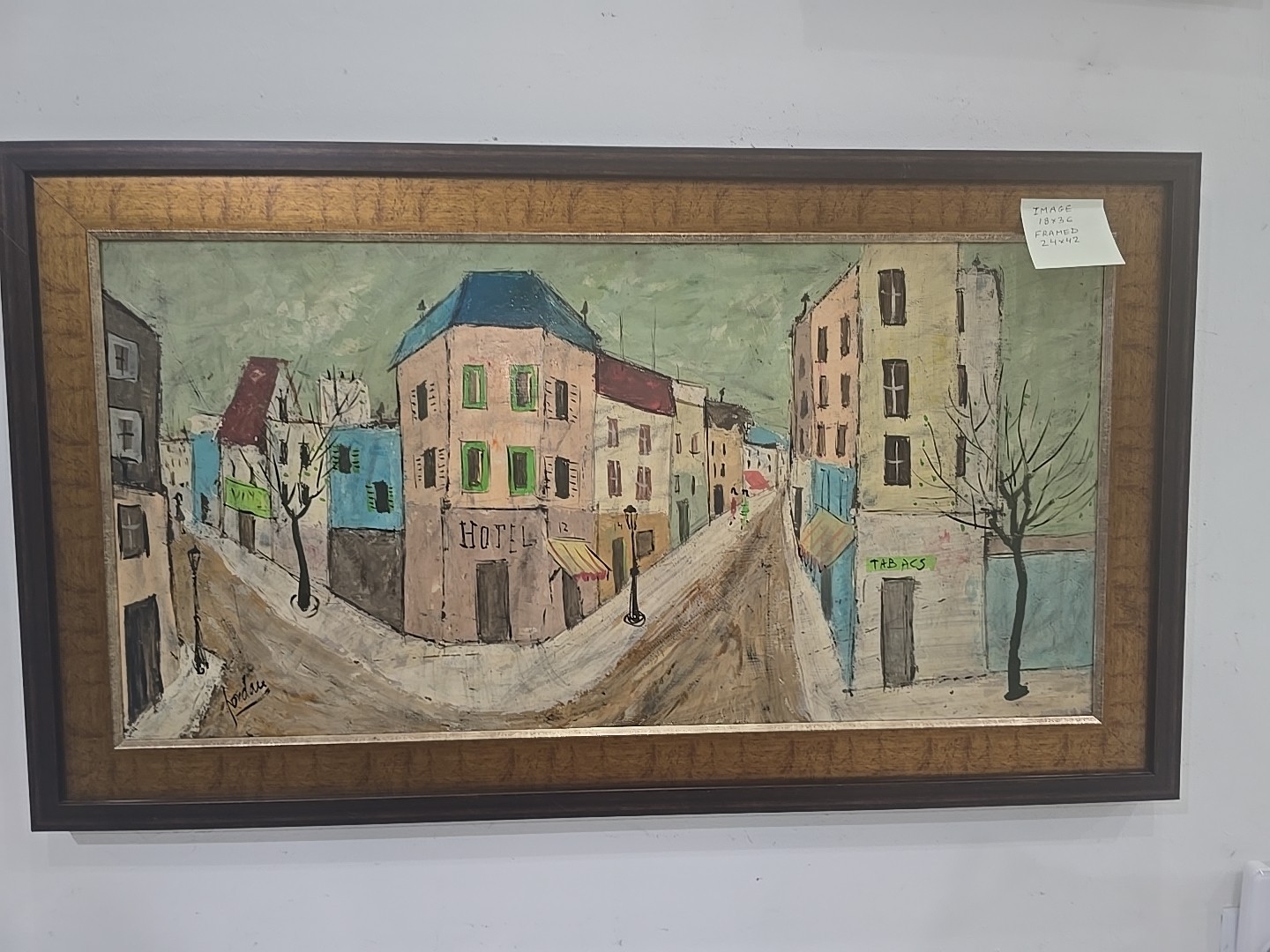 Oil On Masonite. Cityscape Painting. Signed. Framed 18×36.