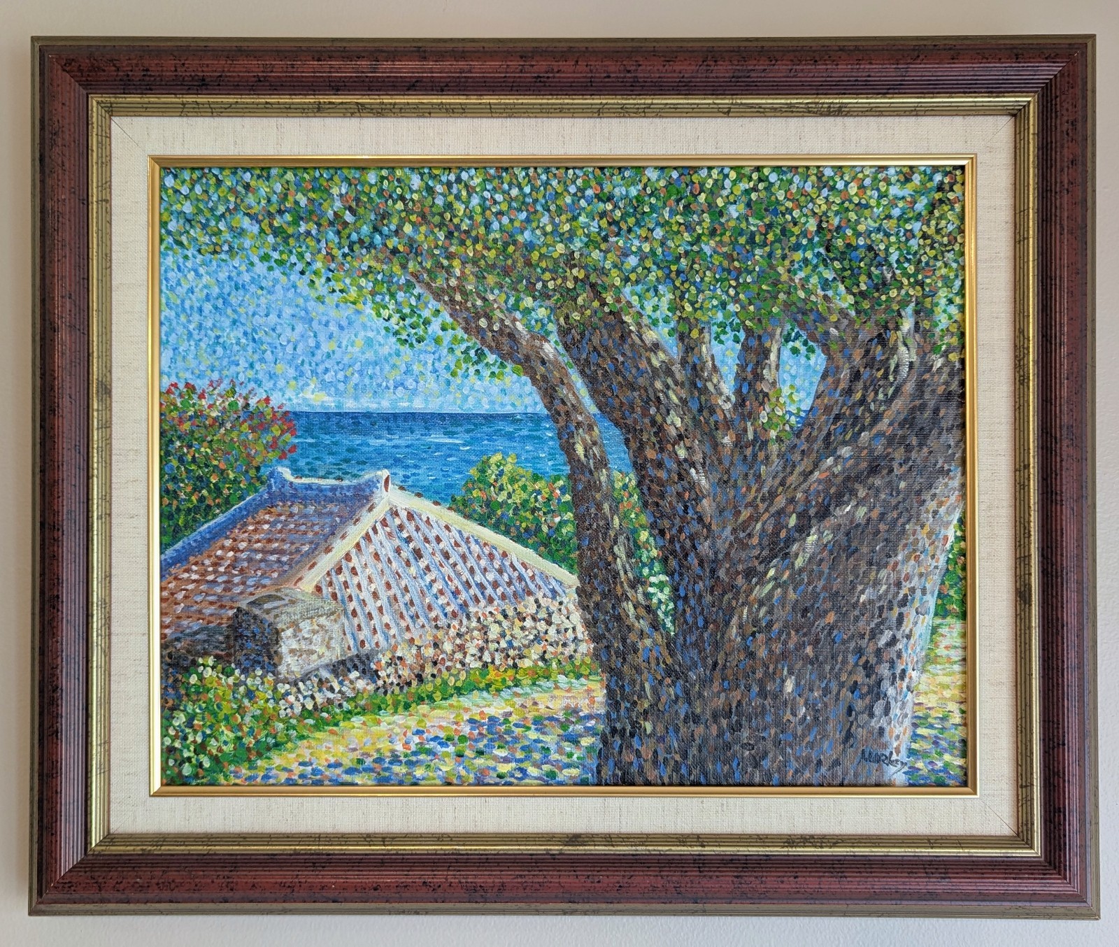 Original Signed Pointillist Okinawa Japan Coastal Landscape Oil Painting Cottage