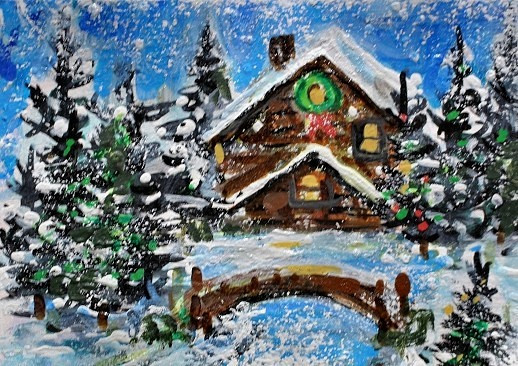 ACEO Original PAINTING Winter XMAS HOUSE Cabin Trees Snow Holiday Landscape ART