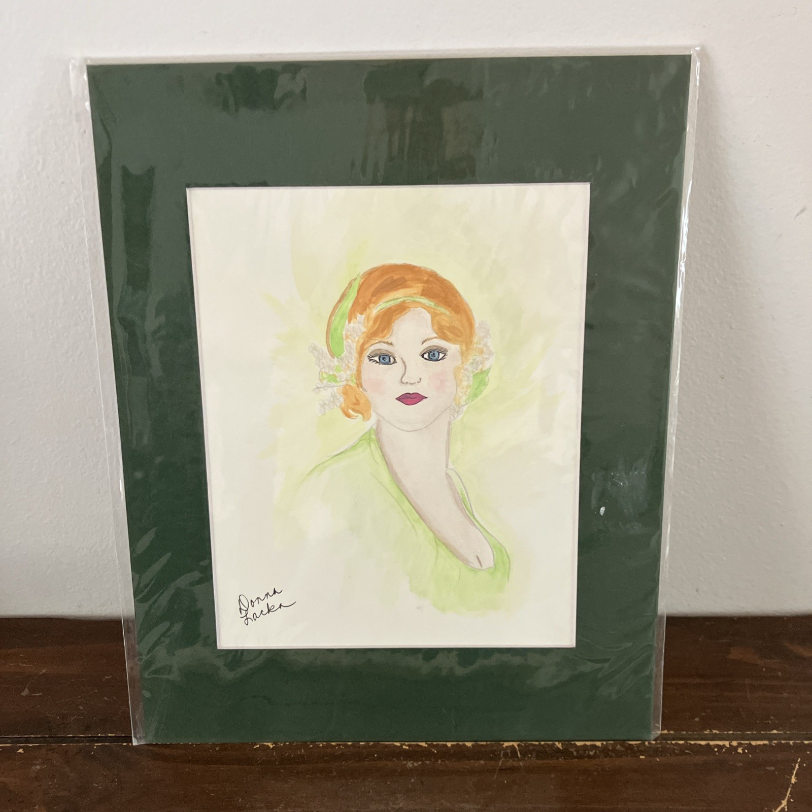 Watercolor Art Deco 1920s Flapper Portrait Matted & Signed Donna Lacka 11×14